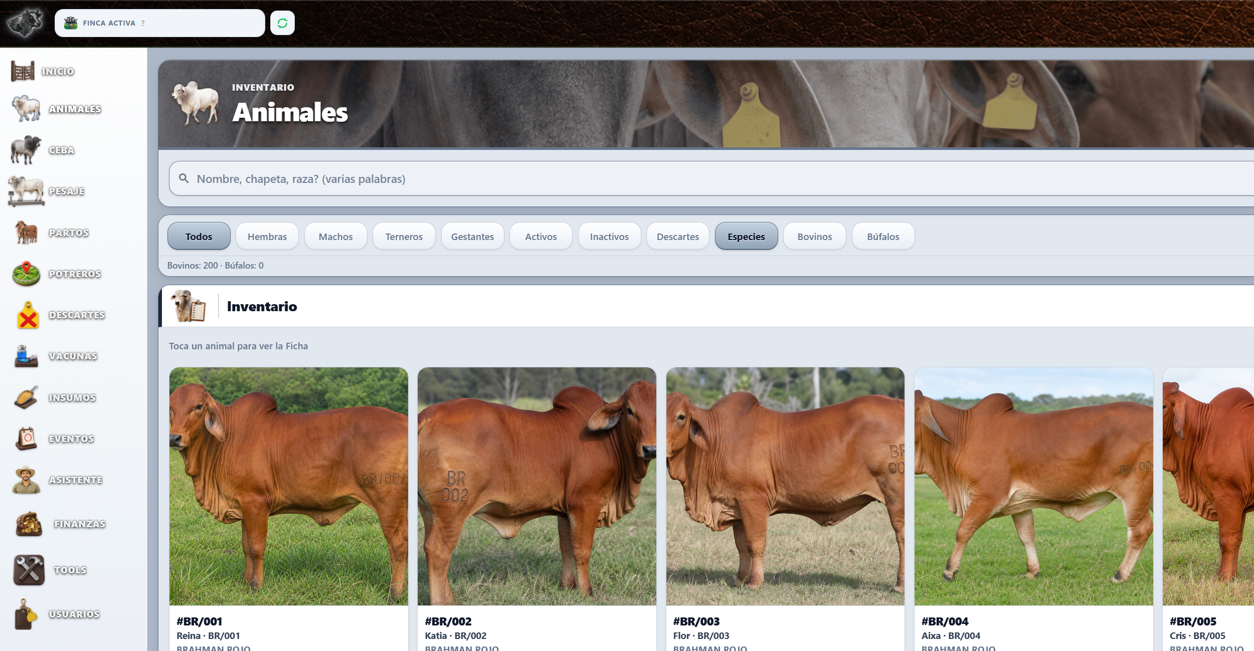 Inventario de animales con sidebar y fichas