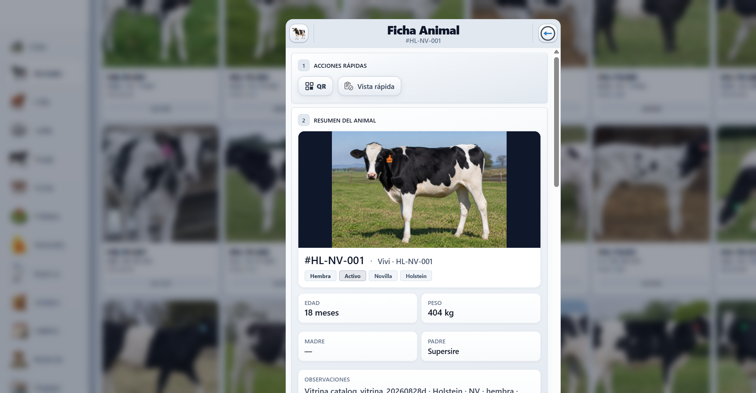 Ficha animal con peso, raza y observaciones