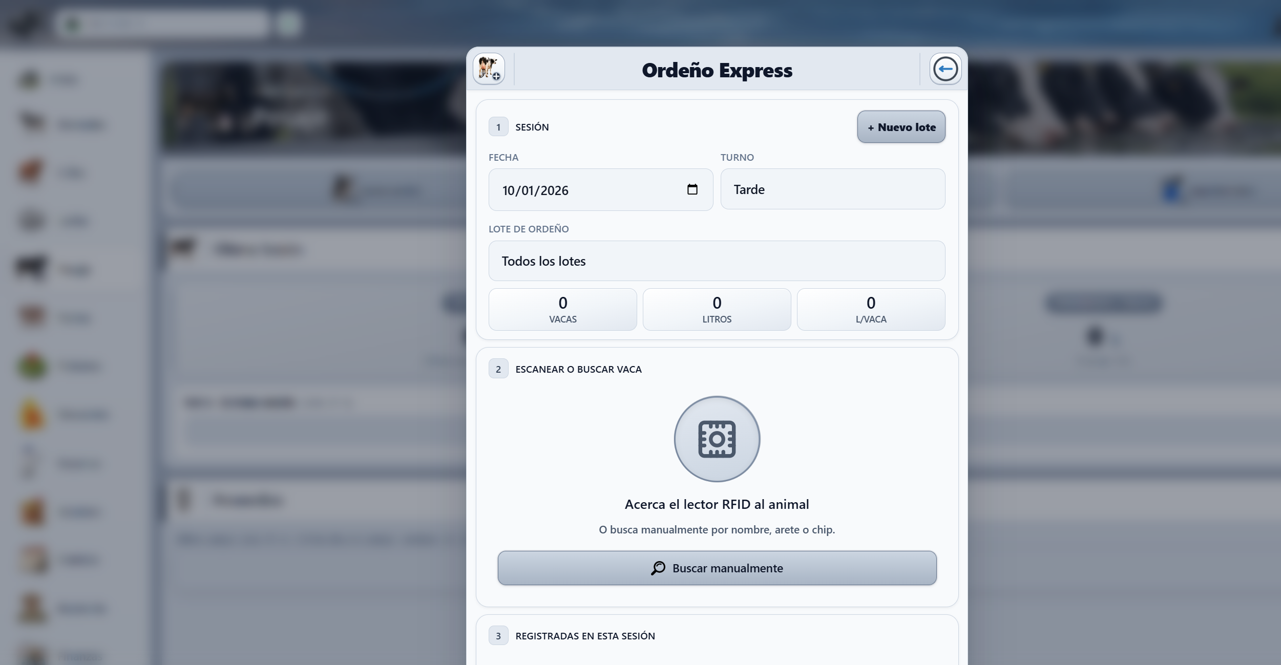 Modal Ordeño Express con sesión y búsqueda